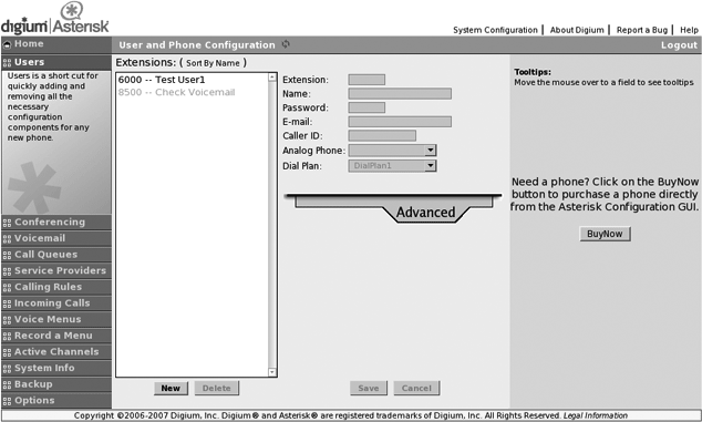A screenshot of the Asterisk GUI